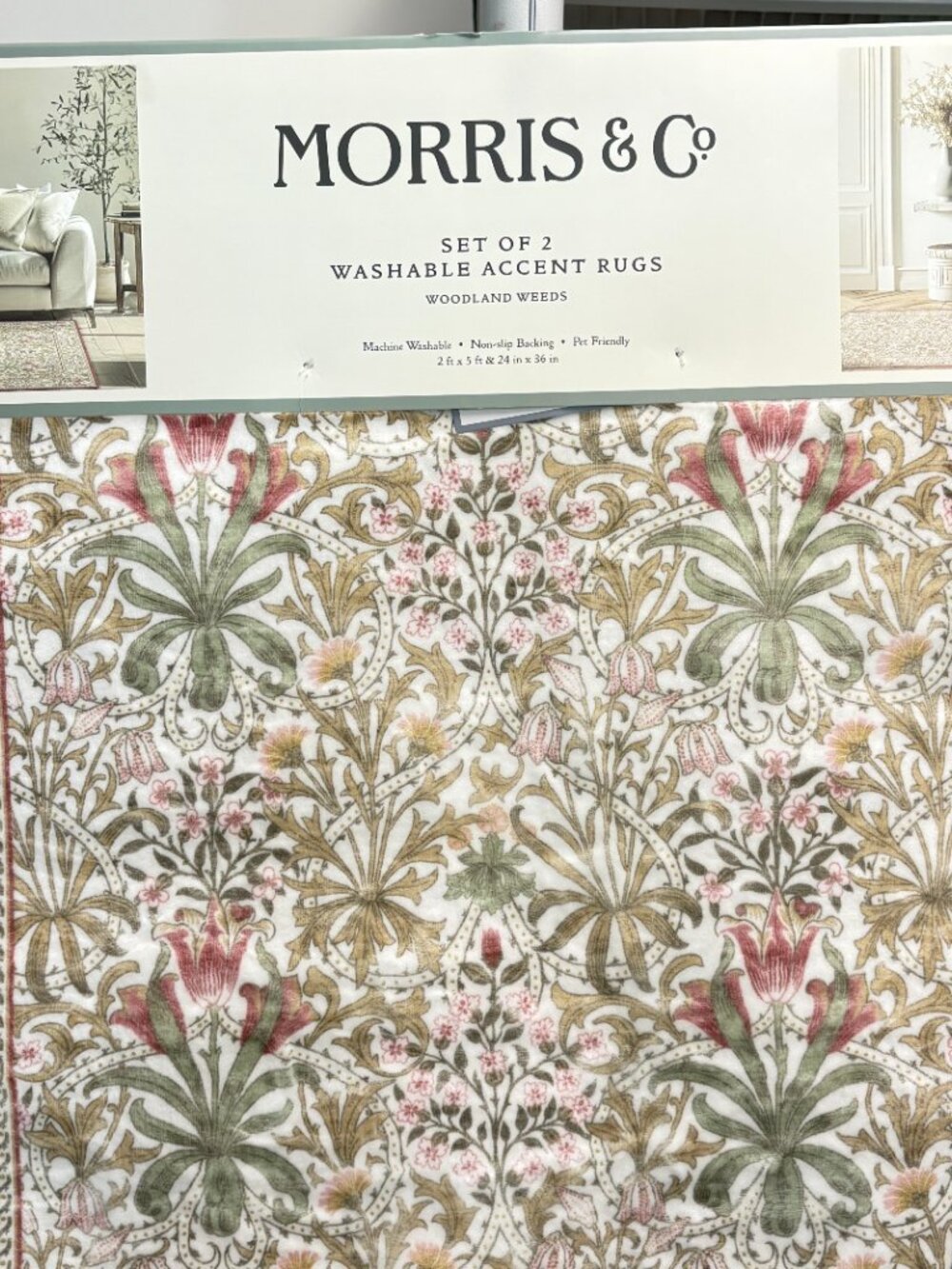 2pc Morris & Co Woodland Weeds 2'x5' & 24"x36" No Slip Back Washable Rug Set New